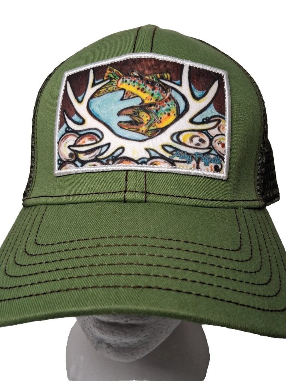 Art By Abby Paffrath Cap Hat Green Mesh Back Rainbow Trout Fish Fishing Nature